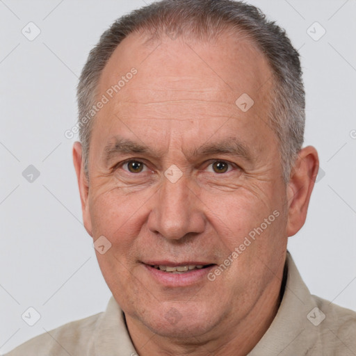 Joyful white middle-aged male with short  brown hair and brown eyes