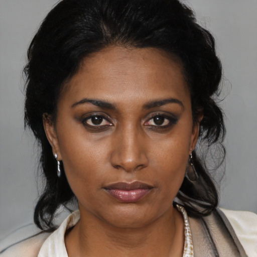 Neutral black young-adult female with medium  black hair and brown eyes