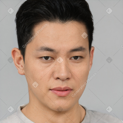 Neutral asian young-adult male with short  brown hair and brown eyes
