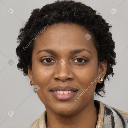 Joyful latino young-adult female with short  black hair and brown eyes