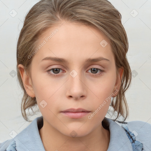 Neutral white young-adult female with medium  brown hair and grey eyes