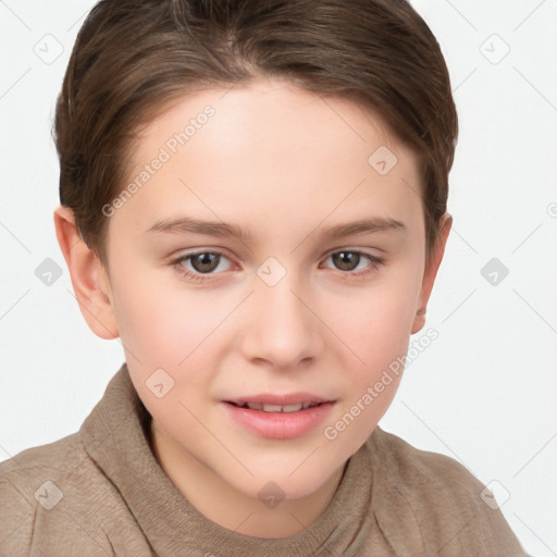 Joyful white child female with short  brown hair and brown eyes