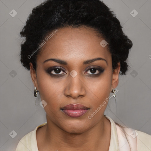 Neutral black young-adult female with short  black hair and brown eyes