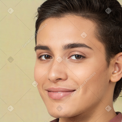 Joyful white young-adult male with medium  brown hair and brown eyes