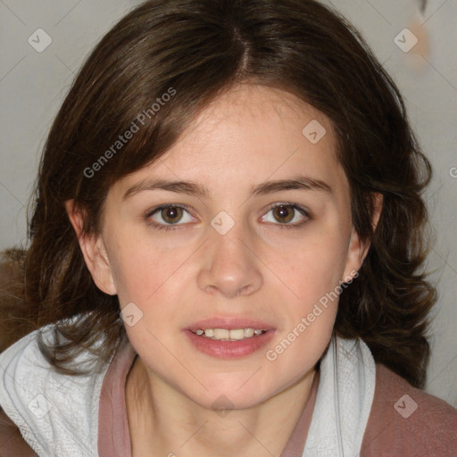 Joyful white young-adult female with medium  brown hair and blue eyes