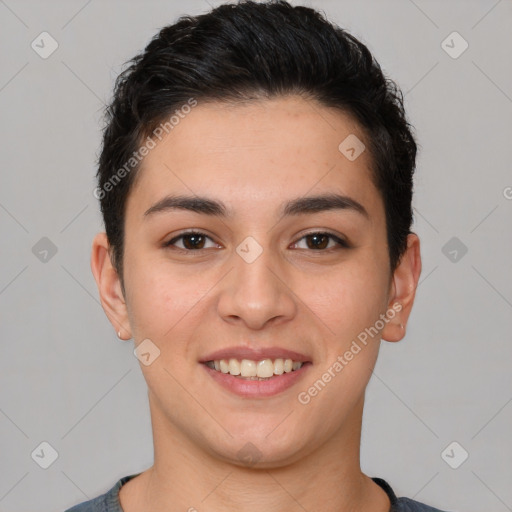 Joyful white young-adult female with short  brown hair and brown eyes