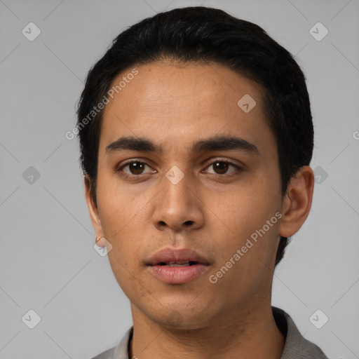 Neutral asian young-adult male with short  black hair and brown eyes