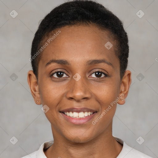 Joyful black young-adult female with short  brown hair and brown eyes