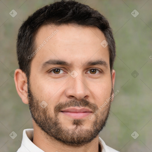 Joyful white young-adult male with short  brown hair and brown eyes