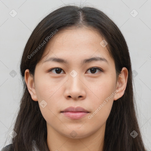 Neutral asian young-adult female with long  brown hair and brown eyes