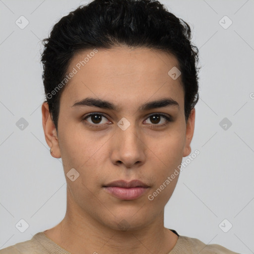 Neutral latino young-adult male with short  black hair and brown eyes