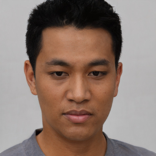 Neutral asian young-adult male with short  black hair and brown eyes
