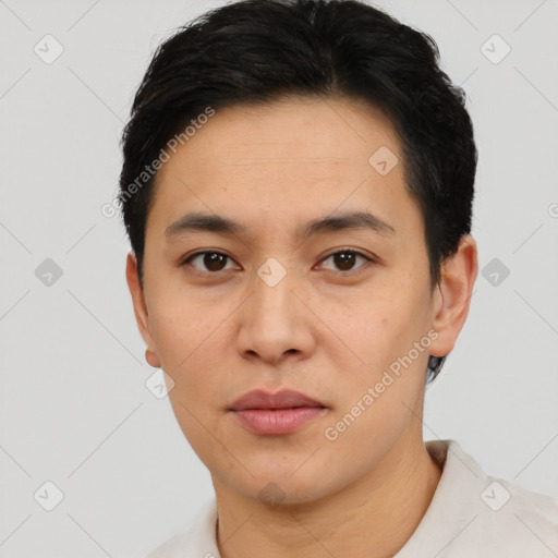 Neutral asian young-adult male with short  black hair and brown eyes