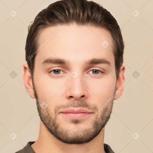 Neutral white young-adult male with short  brown hair and brown eyes