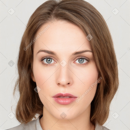 Neutral white young-adult female with medium  brown hair and green eyes