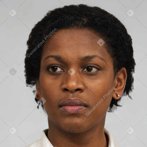 Neutral black young-adult female with short  black hair and brown eyes