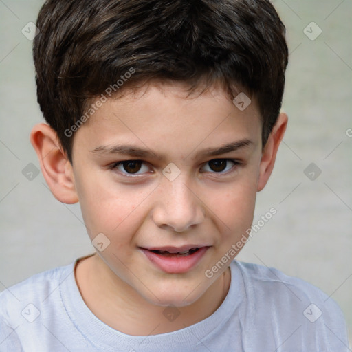 Joyful white child male with short  brown hair and brown eyes