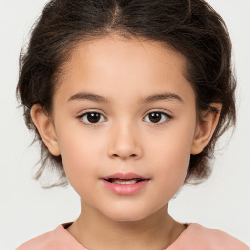 Joyful white child female with medium  brown hair and brown eyes