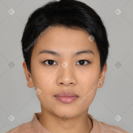 Neutral asian young-adult female with short  brown hair and brown eyes