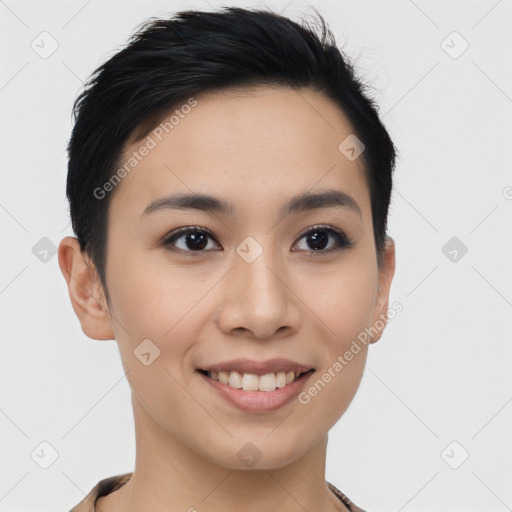 Joyful asian young-adult female with short  black hair and brown eyes