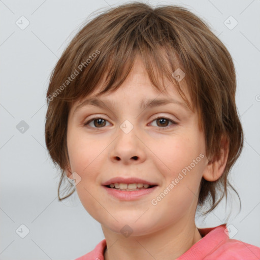 Joyful white child female with medium  brown hair and brown eyes