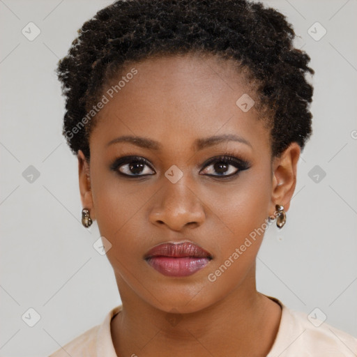 Neutral black young-adult female with short  brown hair and brown eyes