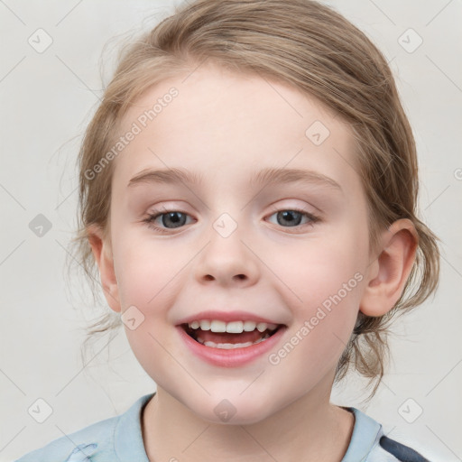 Joyful white child female with medium  brown hair and blue eyes