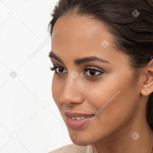 Neutral white young-adult female with long  brown hair and brown eyes