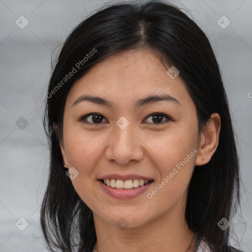 Joyful asian young-adult female with medium  brown hair and brown eyes