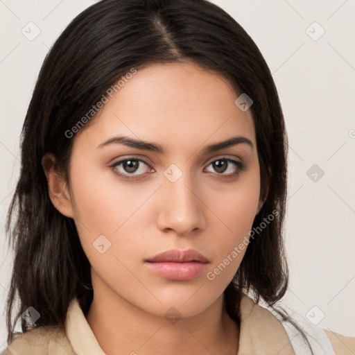 Neutral white young-adult female with medium  brown hair and brown eyes