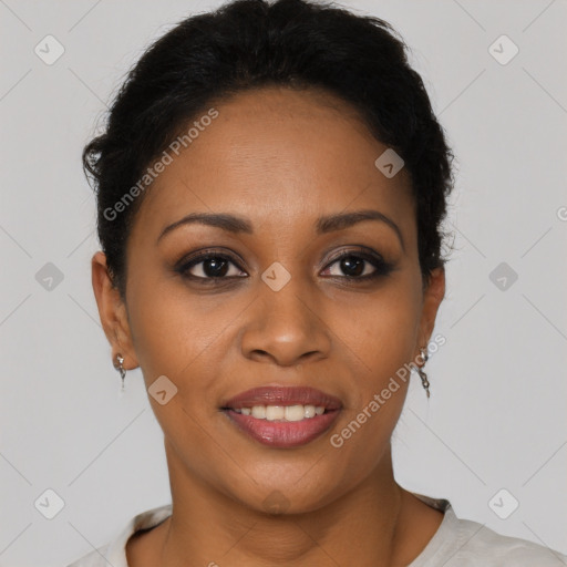 Joyful latino young-adult female with short  black hair and brown eyes