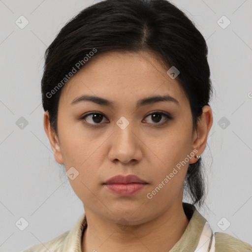 Neutral asian young-adult female with medium  brown hair and brown eyes