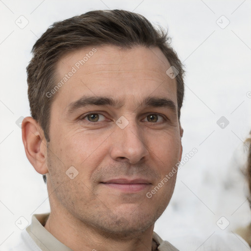 Neutral white adult male with short  brown hair and brown eyes