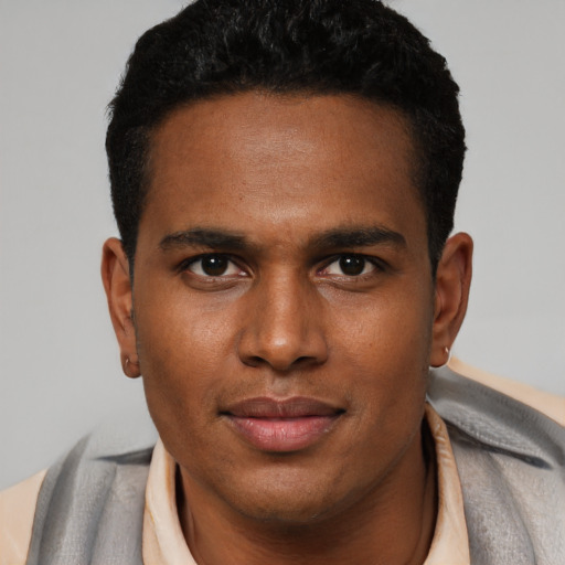 Neutral latino young-adult male with short  black hair and brown eyes