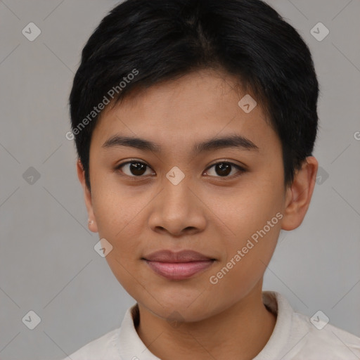 Joyful asian young-adult female with short  brown hair and brown eyes