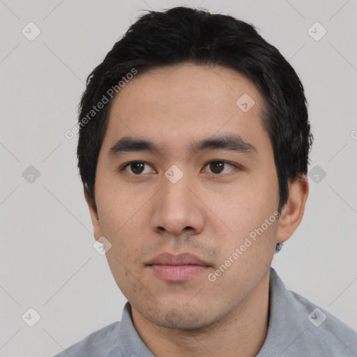 Neutral asian young-adult male with short  black hair and brown eyes