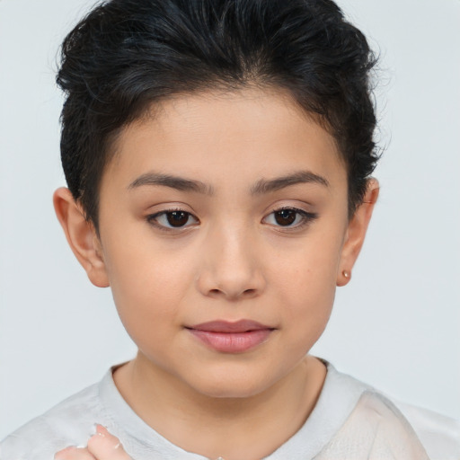 Joyful asian child female with short  brown hair and brown eyes
