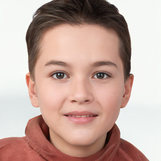 Joyful white child female with short  brown hair and brown eyes