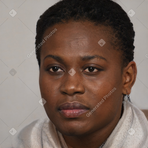 Neutral black young-adult female with short  brown hair and brown eyes