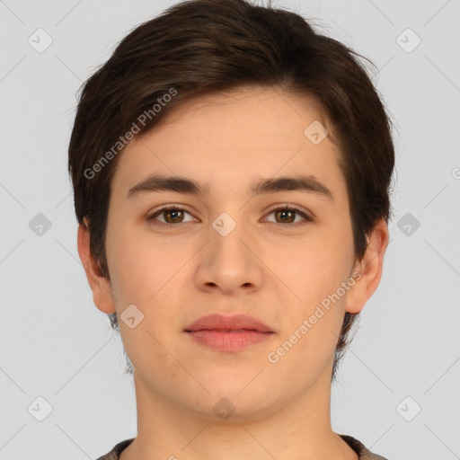 Neutral white young-adult male with short  brown hair and brown eyes