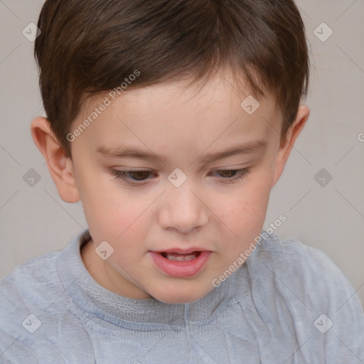 Joyful white child female with short  brown hair and brown eyes