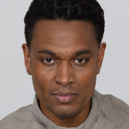 Neutral black young-adult male with short  black hair and brown eyes