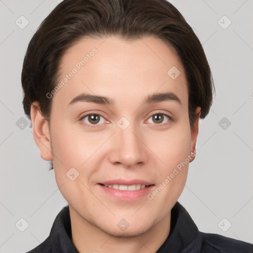 Joyful white young-adult female with short  brown hair and brown eyes