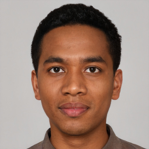Neutral black young-adult male with short  black hair and brown eyes