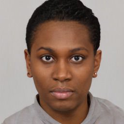 Neutral black young-adult female with short  black hair and brown eyes