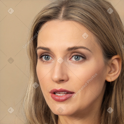 Neutral white young-adult female with long  brown hair and grey eyes