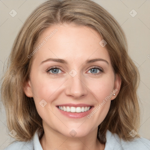 Joyful white young-adult female with medium  brown hair and blue eyes