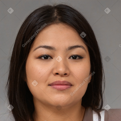 Joyful asian young-adult female with medium  brown hair and brown eyes