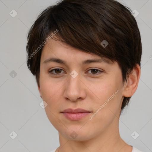 Neutral white young-adult female with short  brown hair and brown eyes