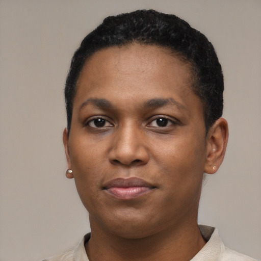 Neutral black young-adult female with short  black hair and brown eyes